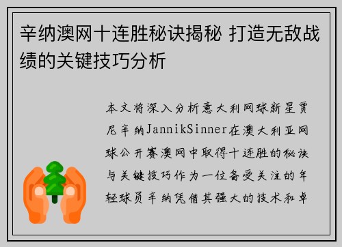 辛纳澳网十连胜秘诀揭秘 打造无敌战绩的关键技巧分析